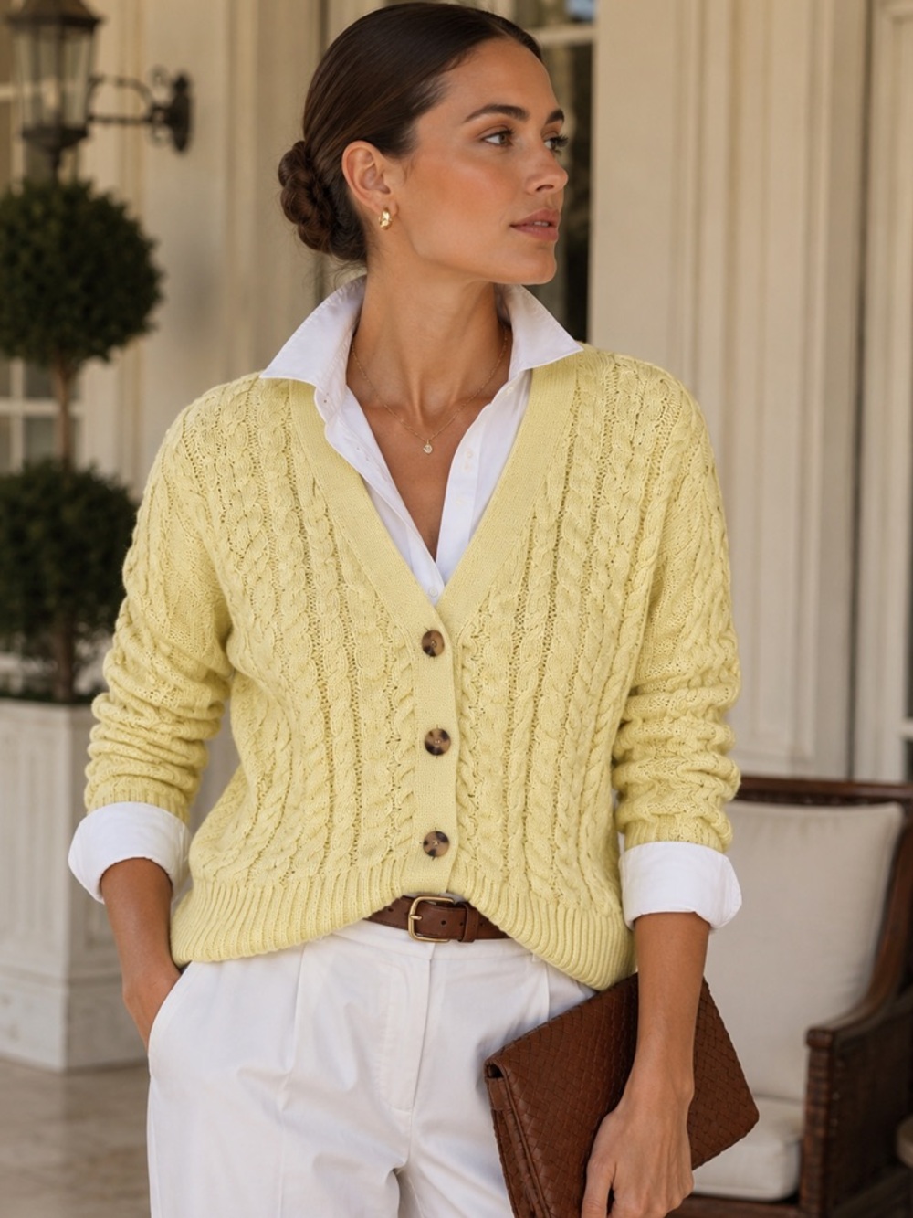 Ann Taylor Weekend 100% Cotton Cable Knit Cardigan | Butter Yellow | Size Large